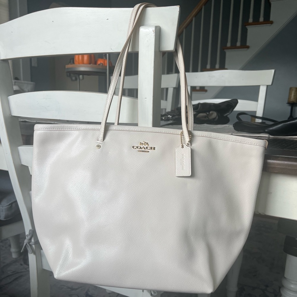 Coach White Pebble Leather Tote Bag